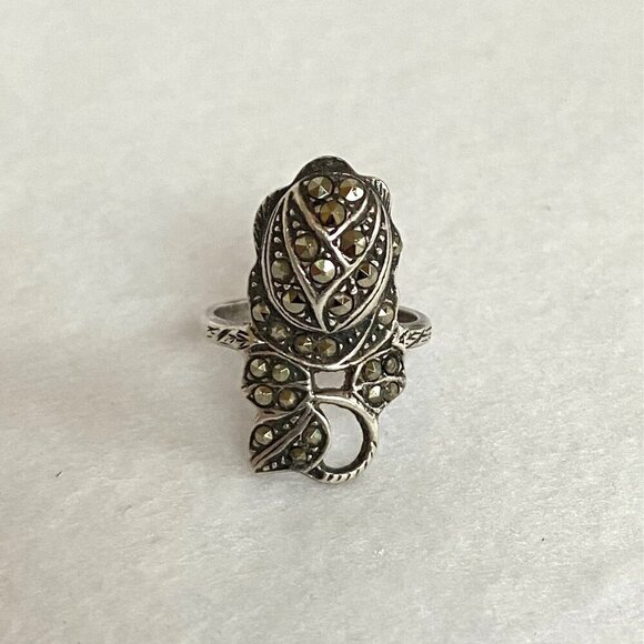 VTG Sterling Silver 925 Art Deco Style Marcasite Flower Rose Ring Sz 5.75 - Picture 12 of 16